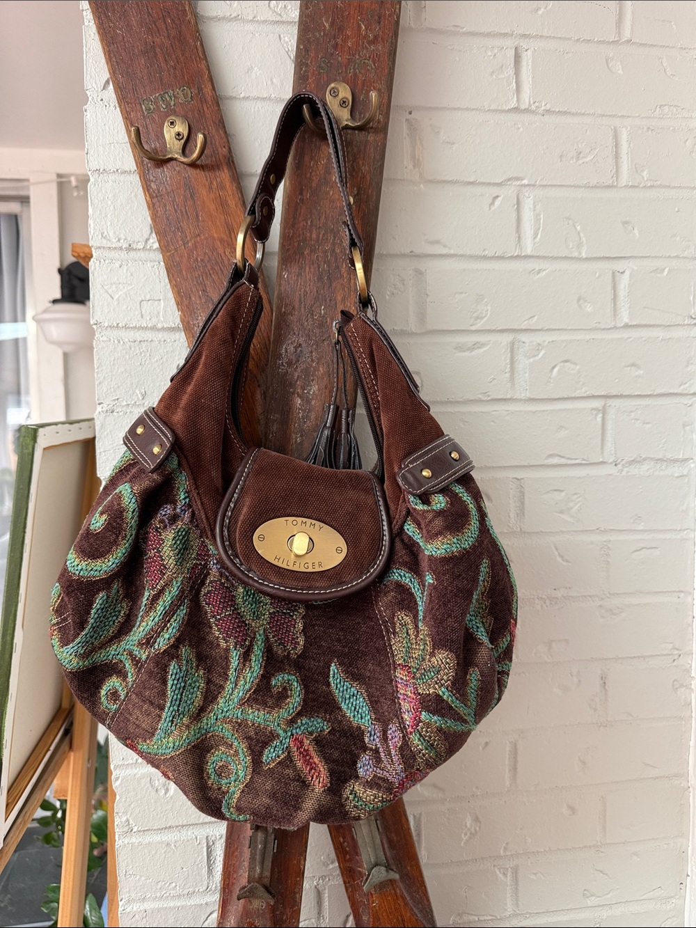 Vintage Tommy Hilfiger Brown Tapestry Embroidered Hobo Bag